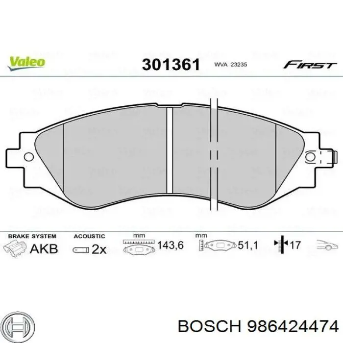 986424474 Bosch колодки гальмівні передні, дискові