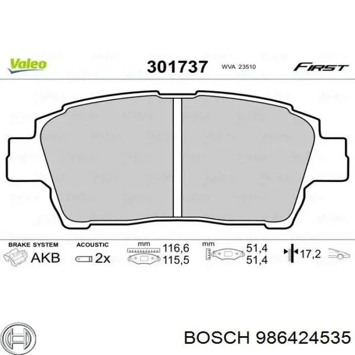 986424535 Bosch колодки гальмівні передні, дискові