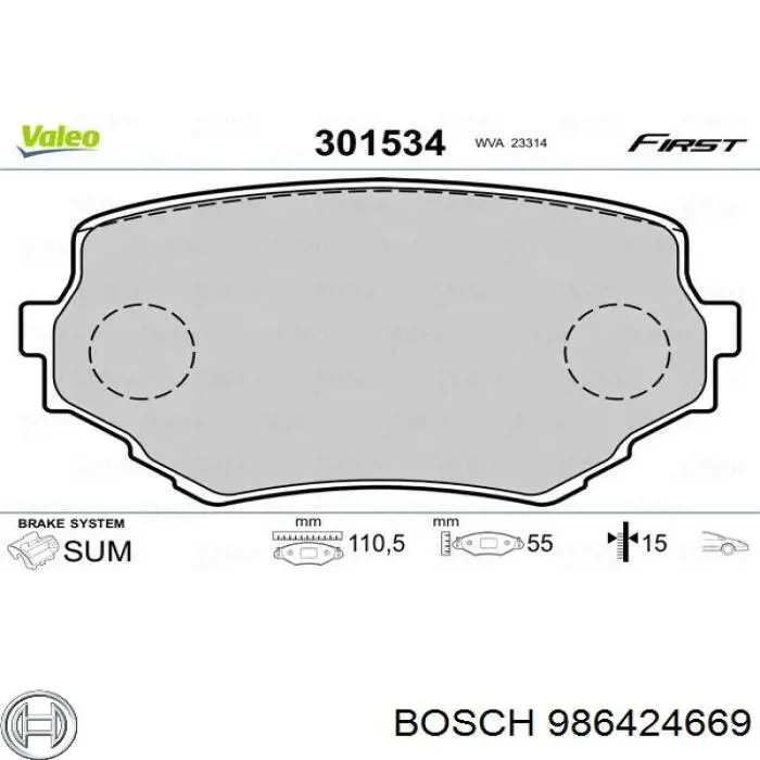 986424669 Bosch колодки гальмівні передні, дискові