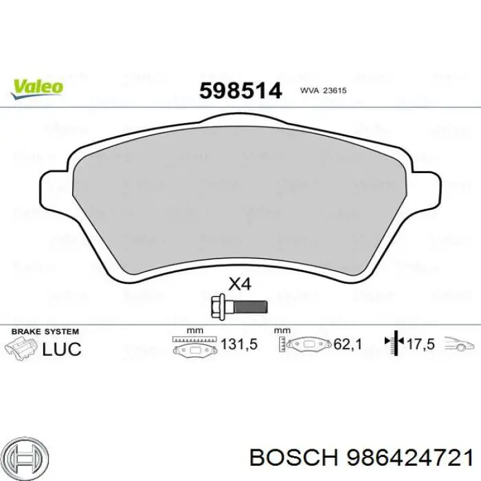 Купити 986424721 Bosch Колодки гальмівні передні, дискові