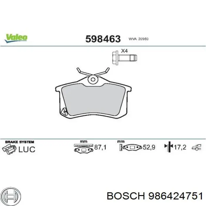 986424751 Bosch колодки гальмові задні, дискові
