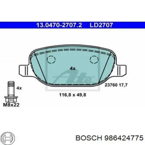 Задні гальмівні колодки Bosch 986424775 ціна, від 30.25 USD