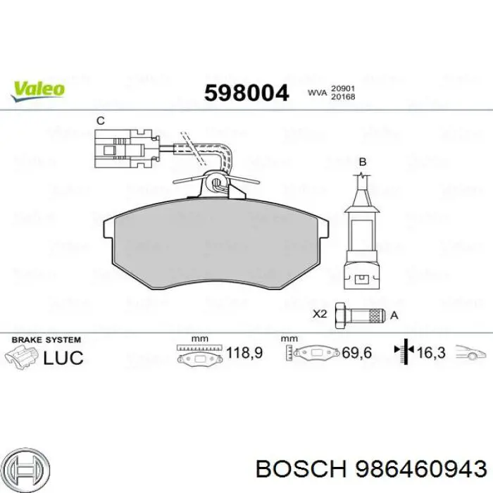 Передні тормозні колодки 986460943 Bosch