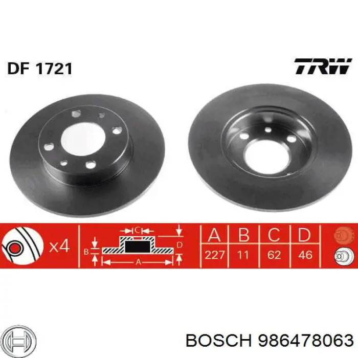 Диск гальмівний передній Bosch 986478063