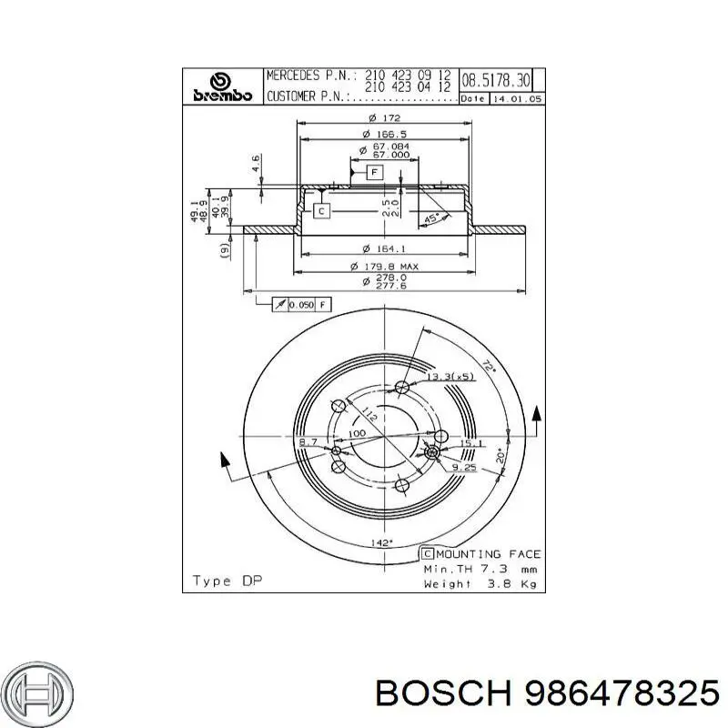 986478325 Bosch диск гальмівний задній