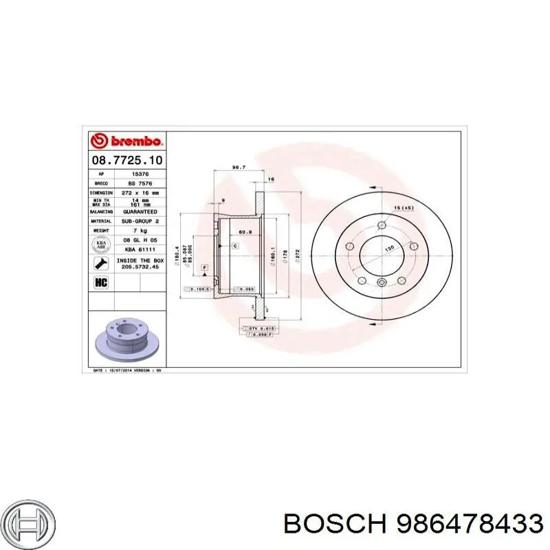 986478433 Bosch диск гальмівний задній