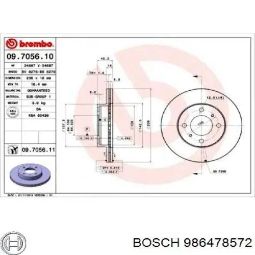 Диск гальмівний передній Bosch 986478572