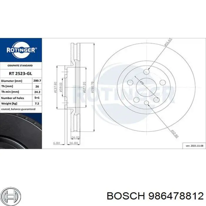 986478812 Bosch Гальмо дискове переднє