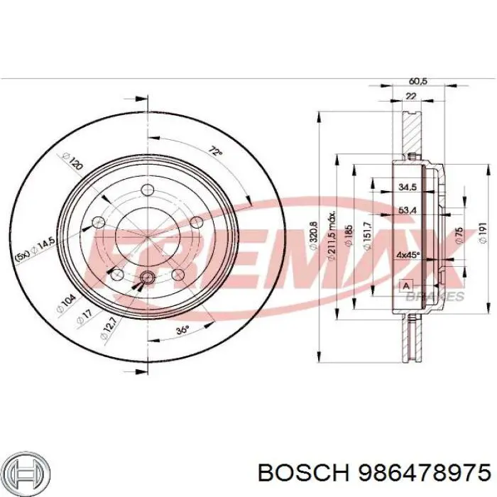 986478975 Bosch диск гальмівний задній