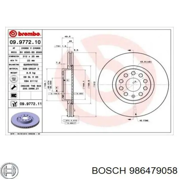 Диск переднього гальма Bosch 986479058 ціна, від 49.12 USD