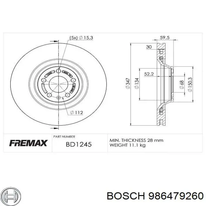 986479260 Bosch диск гальмівний передній