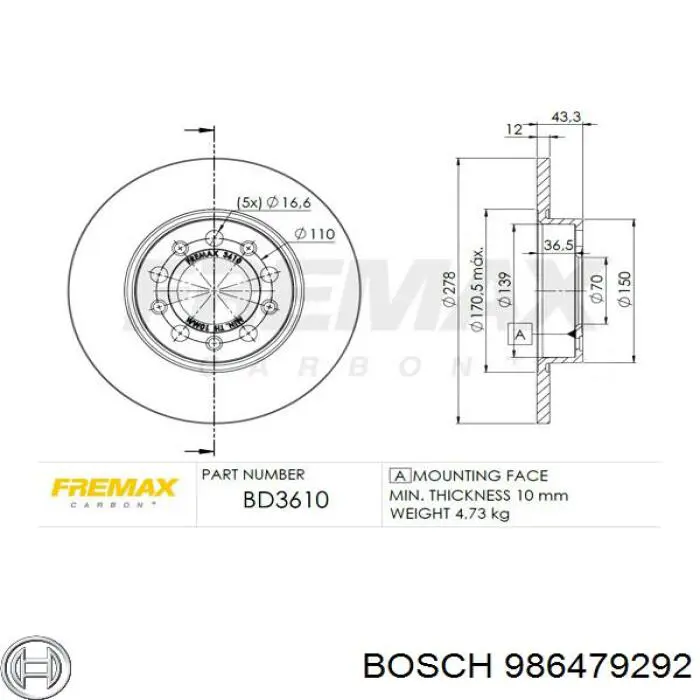 986479292 Bosch диск гальмівний задній