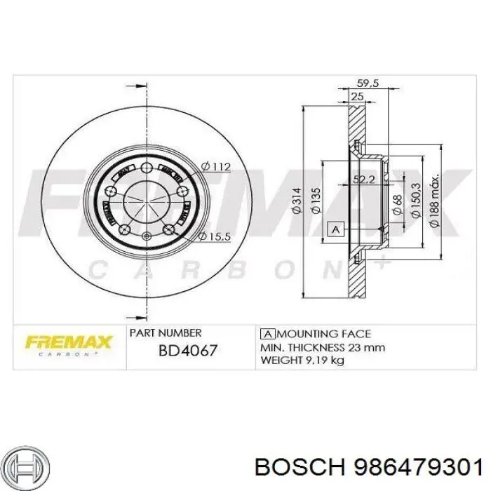 986479301 Bosch диск гальмівний передній