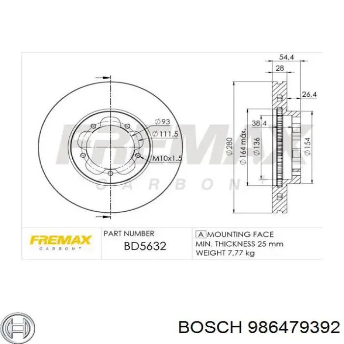 Диск гальмівний передній 986479392 Bosch