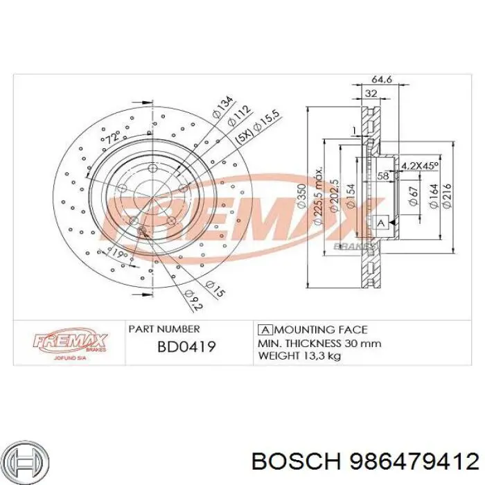 Диск гальмівний передній 986479412 Bosch