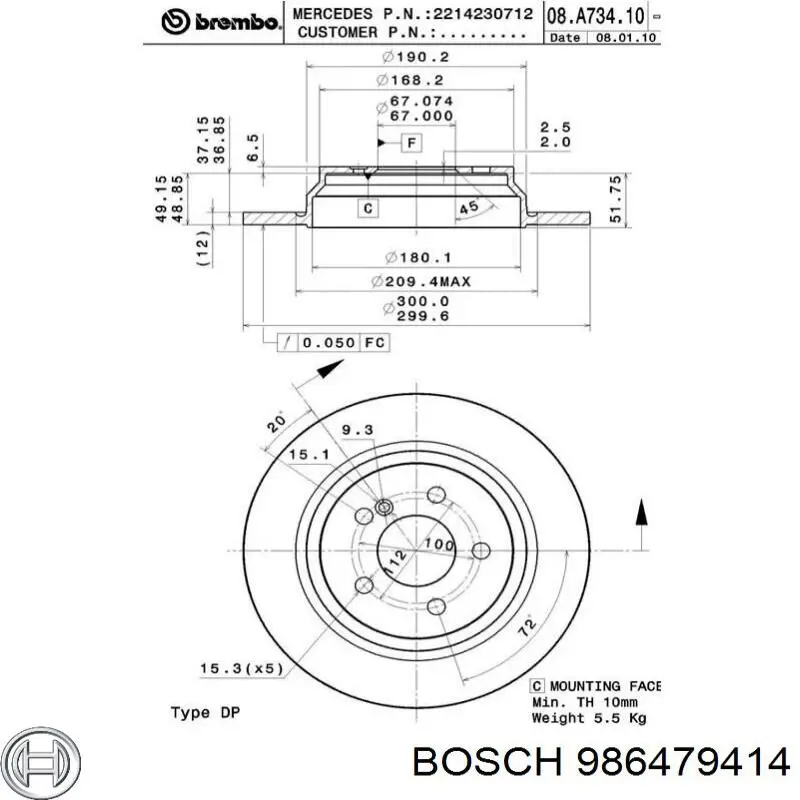 986479414 Bosch диск гальмівний задній