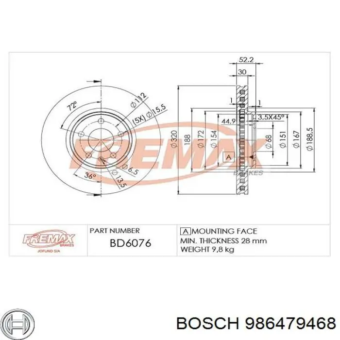 Купити 986479468 Bosch Ротор гальмівний