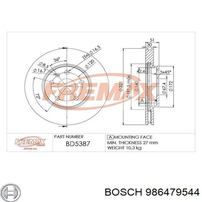 Диск гальмівний передній 986479544 Bosch