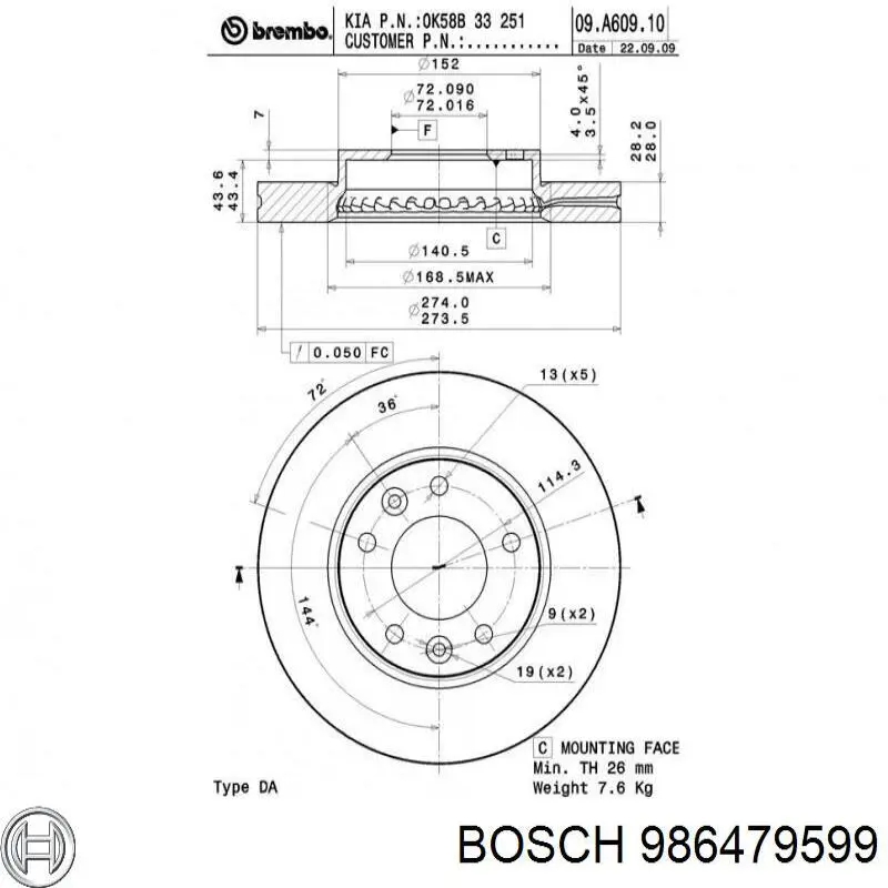 986479599 Bosch диск гальмівний передній
