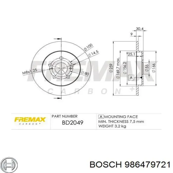 986479721 Bosch диск гальмівний задній