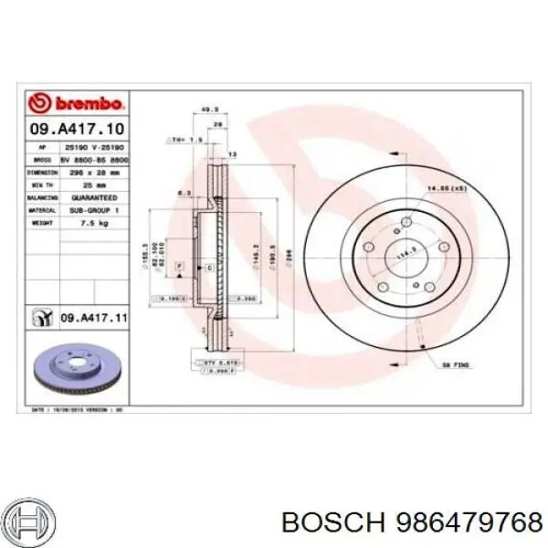Диск переднього гальма Bosch 986479768 ціна, від 45.39 USD