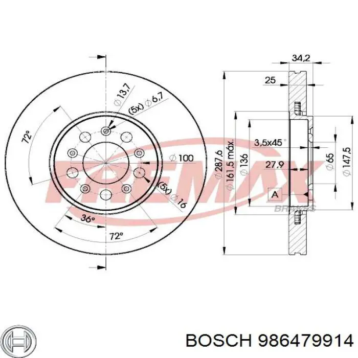 986479914 Bosch диск гальмівний передній