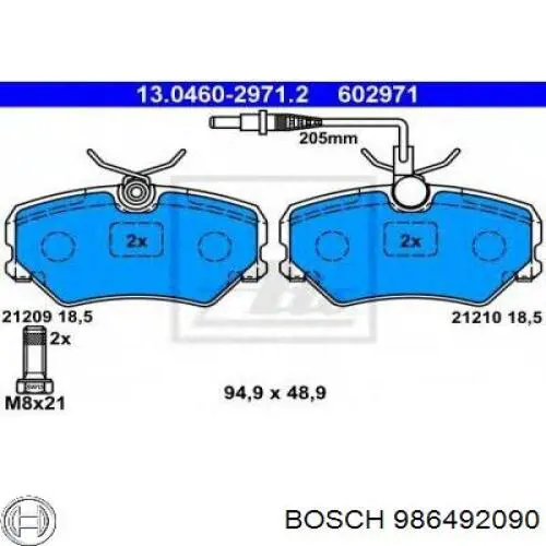 Передні тормозні колодки 986492090 Bosch
