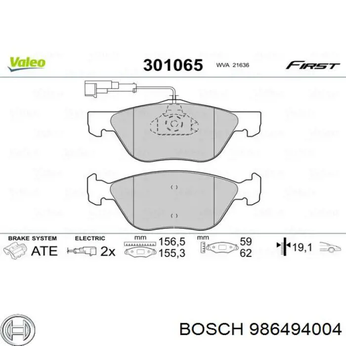 986494004 Bosch колодки гальмівні передні, дискові