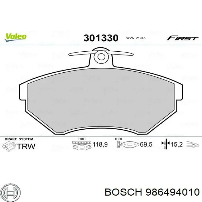 986494010 Bosch колодки гальмівні передні, дискові