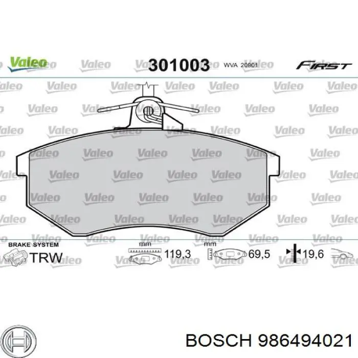986494021 Bosch Передні гальмівні колодки