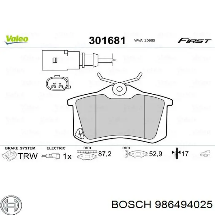 986494025 Bosch Колодки гальмівні задні, дискові