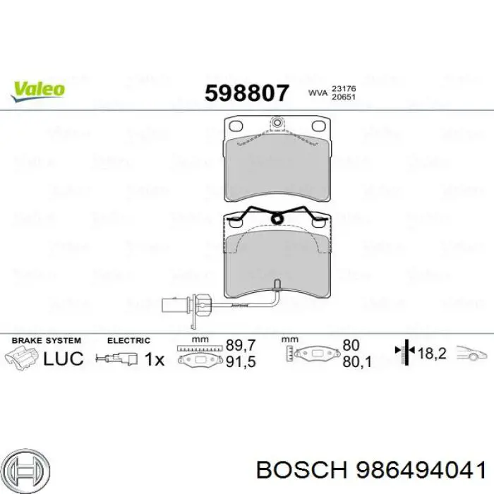 Колодки гальмівні передні, дискові 986494041 Bosch