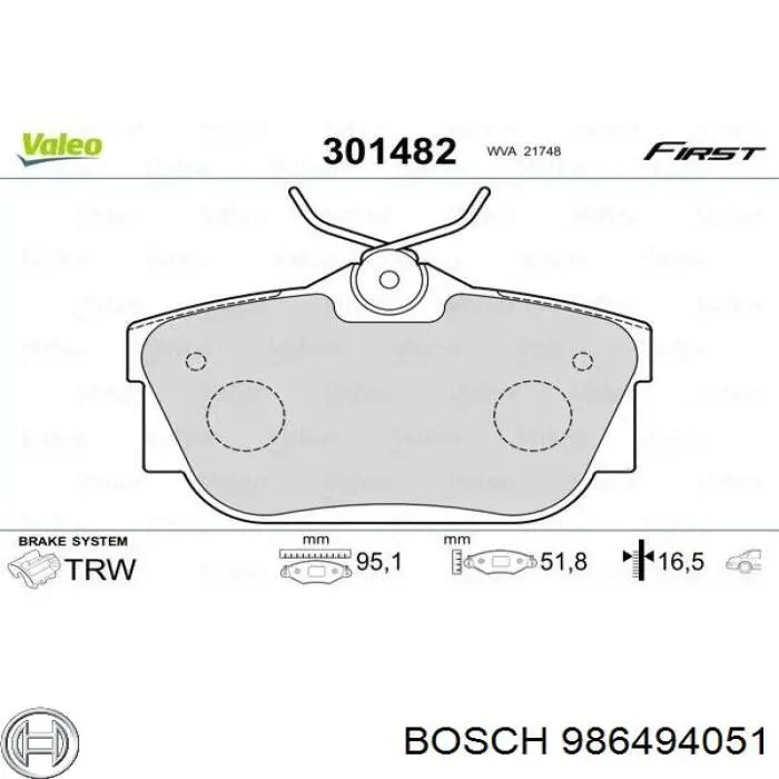 986494051 Bosch колодки гальмові задні, дискові