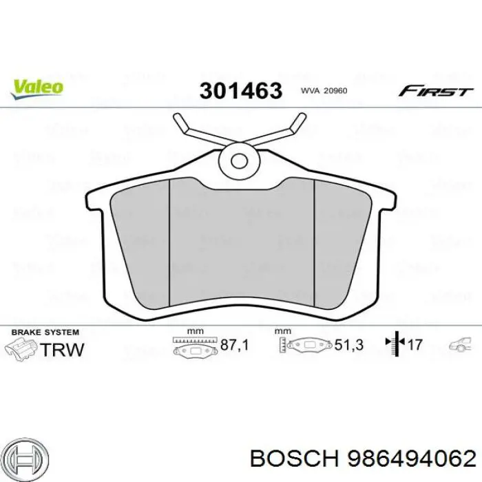986494062 Bosch Колодки гальмівні задні, дискові