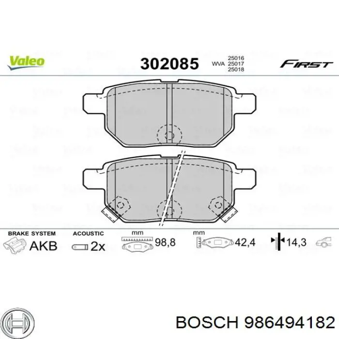 986494182 Bosch колодки гальмові задні, дискові