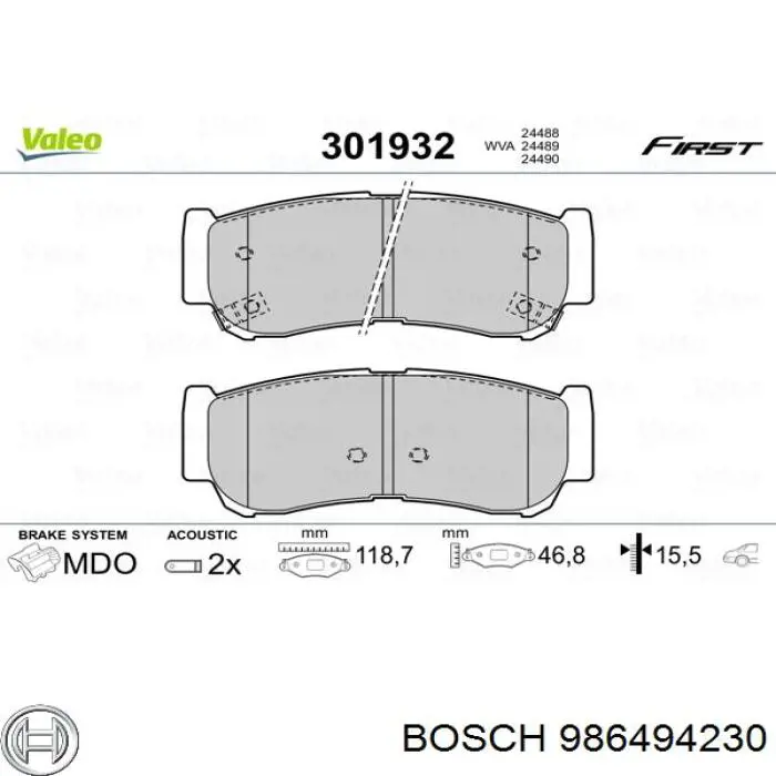 986494230 Bosch колодки гальмові задні, дискові