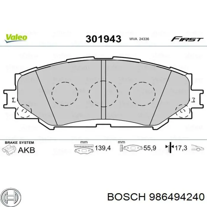 986494240 Bosch колодки гальмівні передні, дискові