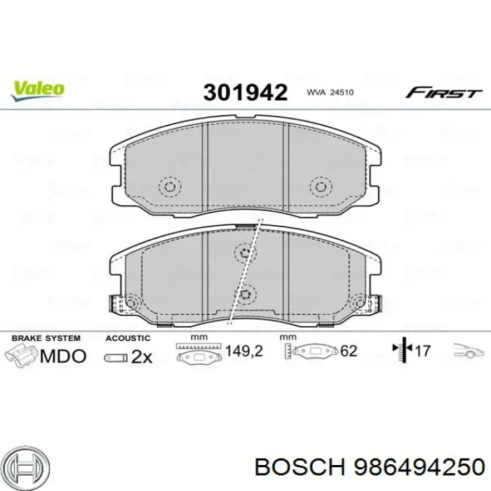 986494250 Bosch колодки гальмівні передні, дискові