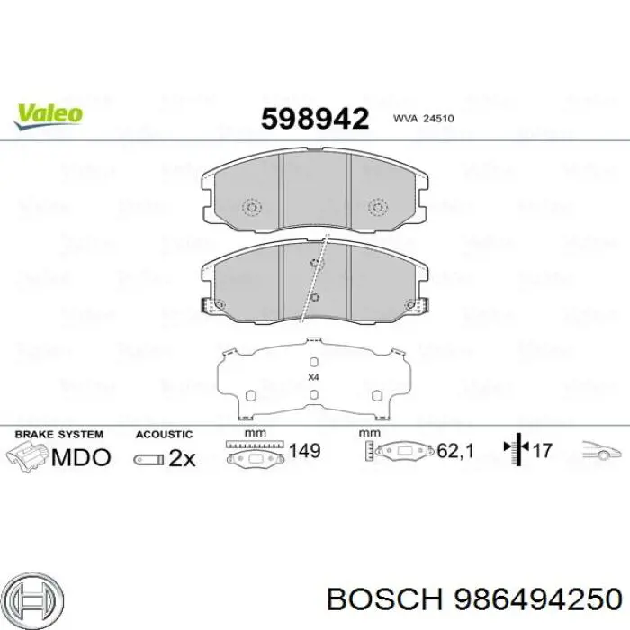 Купити 986494250 Bosch Колодки гальмівні передні, дискові