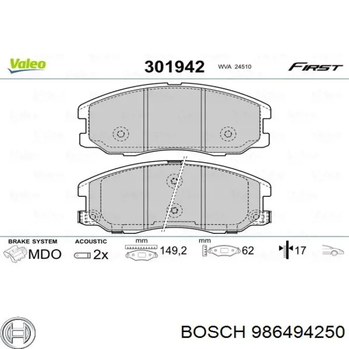 Передні тормозні колодки 986494250 Bosch