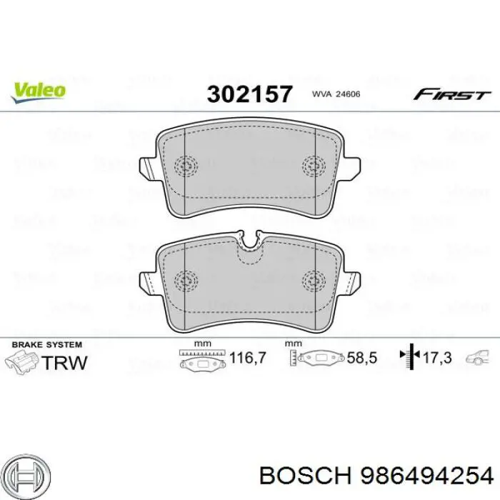 986494254 Bosch Колодки гальмівні задні, дискові