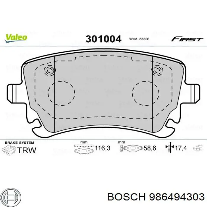 986494303 Bosch колодки гальмові задні, дискові