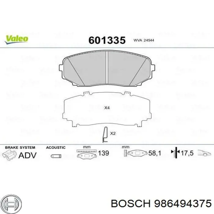 986494375 Bosch колодки гальмівні передні, дискові