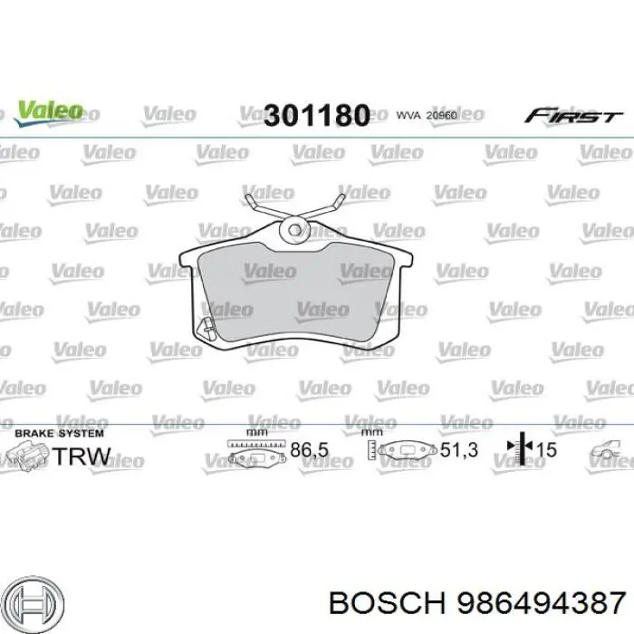 986494387 Bosch Колодки гальмівні задні, дискові