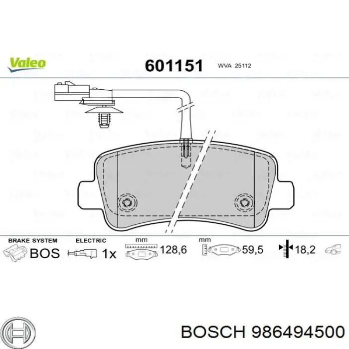 986494500 Bosch колодки гальмові задні, дискові