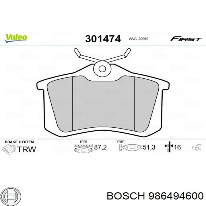 986494600 Bosch колодки гальмові задні, дискові