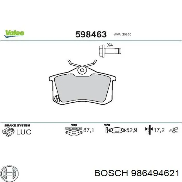 986494621 Bosch Колодки гальмівні задні, дискові