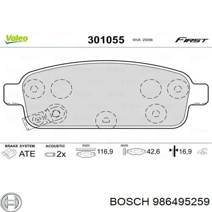 986495259 Bosch колодки гальмові задні, дискові