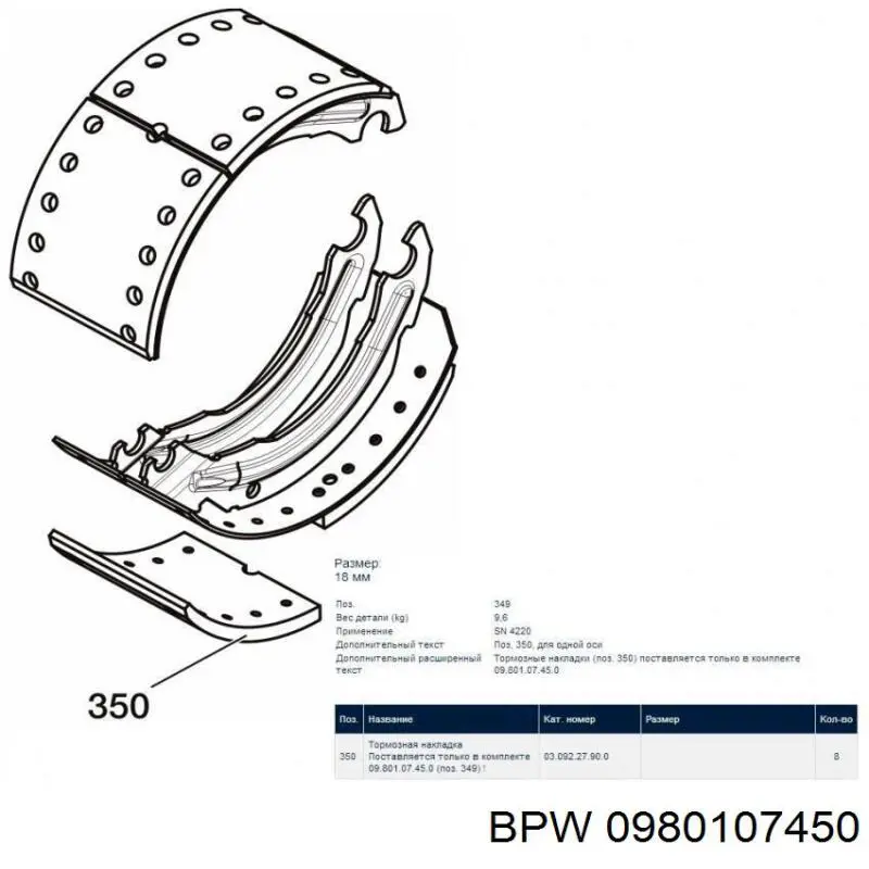 Накладка гальмівна задня (TRUCK) BPW 0980107450 ціна, від 41.85 USD