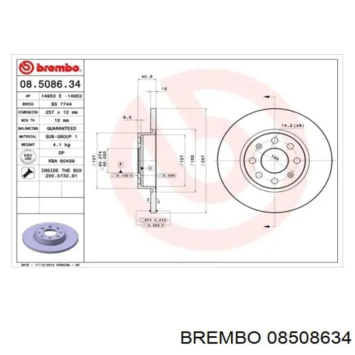 Диск гальмівний передній 08508634 Brembo